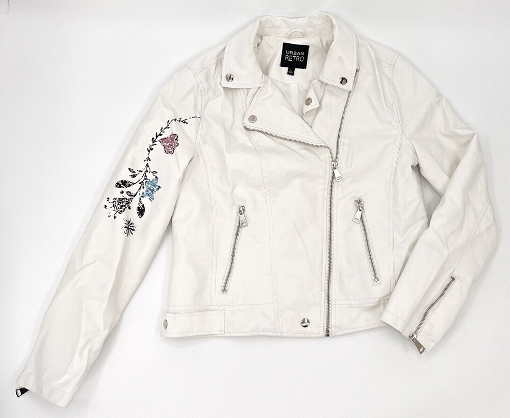 Urban Retro Jacket Womens Large White Floral Motorclcy Jacket Zipper Collar *